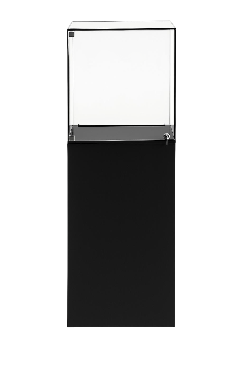 Présentoir Totem Verso en aluminium composite noir avec vitrine sécurisée en acrylique et éclairage LED intégré pour boutiques et salons