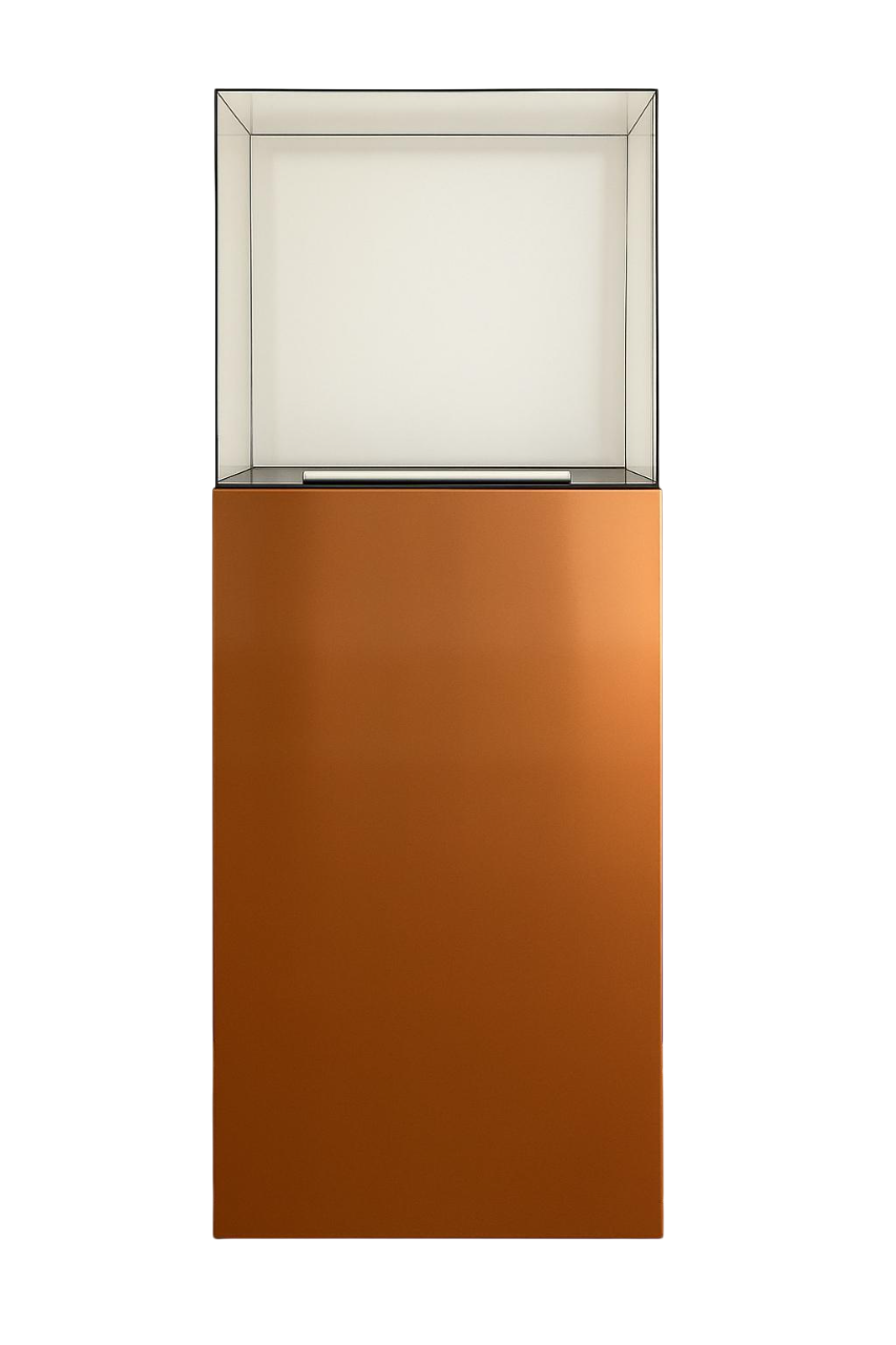 Présentoir Totem Aura en aluminium composite cuivre avec cloche en acrylique et éclairage LED intégré pour boutiques et salons