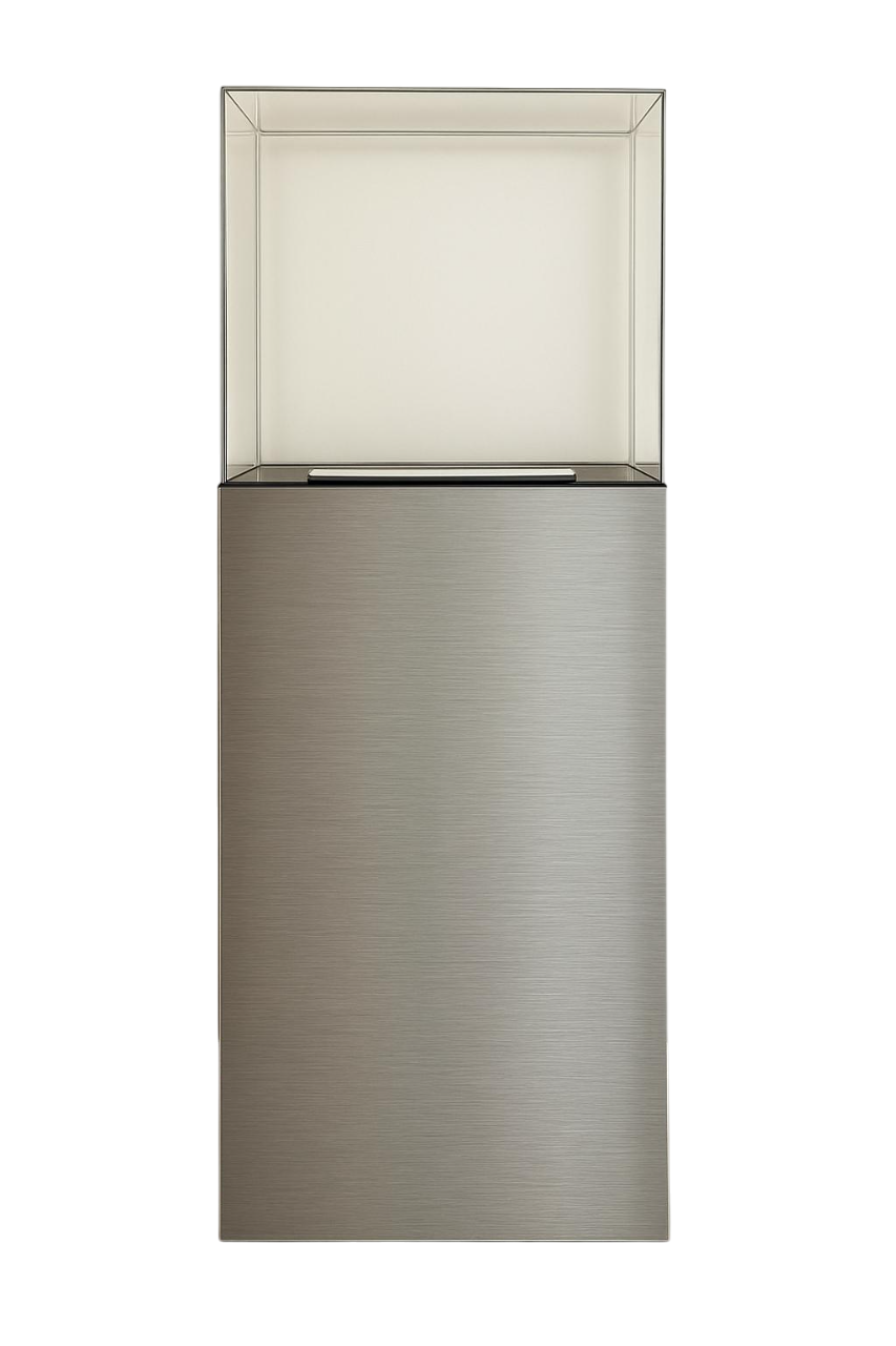 Présentoir Totem Aura en aluminium composite gris métal brossé avec cloche en acrylique et éclairage LED intégré pour boutiques et salons