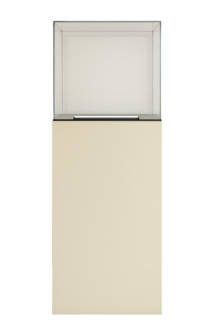Présentoir Totem Aura en aluminium composite beige avec cloche en acrylique et éclairage LED intégré pour boutiques et salons