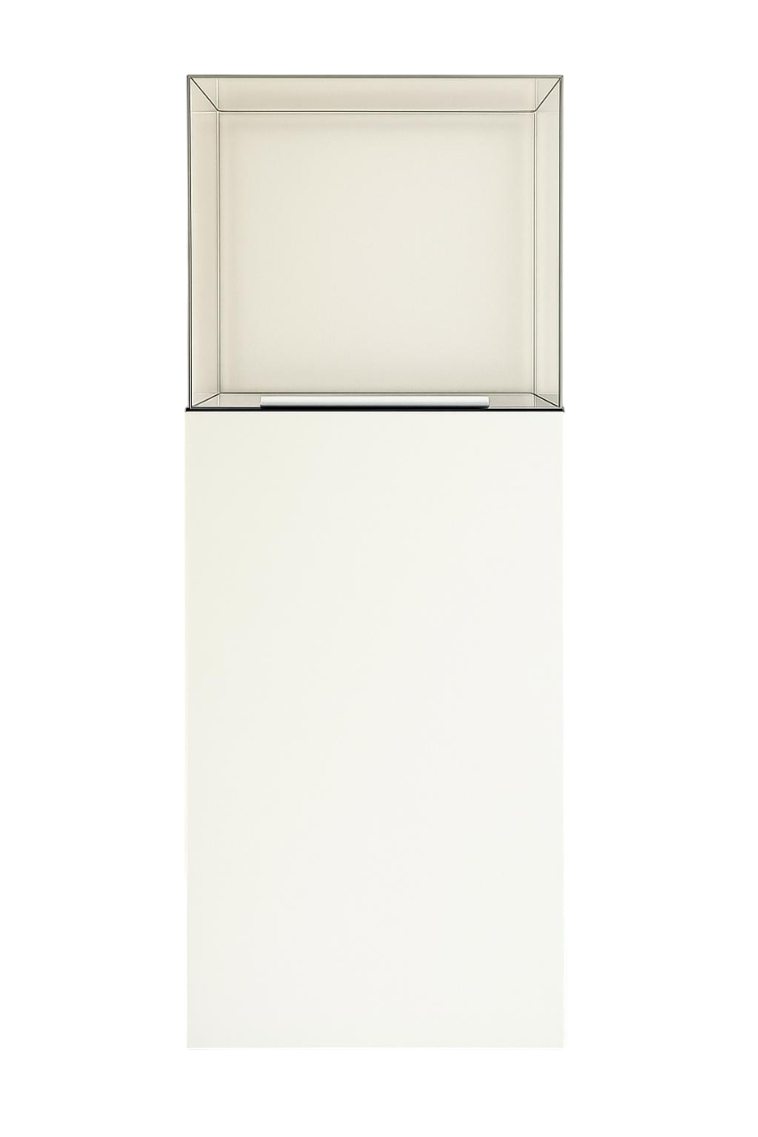 Présentoir Totem Aura en aluminium composite blanc avec cloche en acrylique et éclairage LED intégré pour boutiques et salons