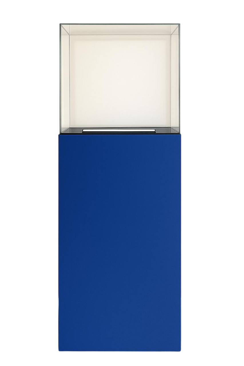 Présentoir Totem Aura en aluminium composite bleu avec cloche en acrylique et éclairage LED intégré pour boutiques et salons
