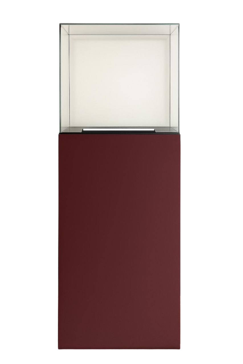 Présentoir Totem Aura en aluminium composite bordeaux avec cloche en acrylique et éclairage LED intégré pour boutiques et salons