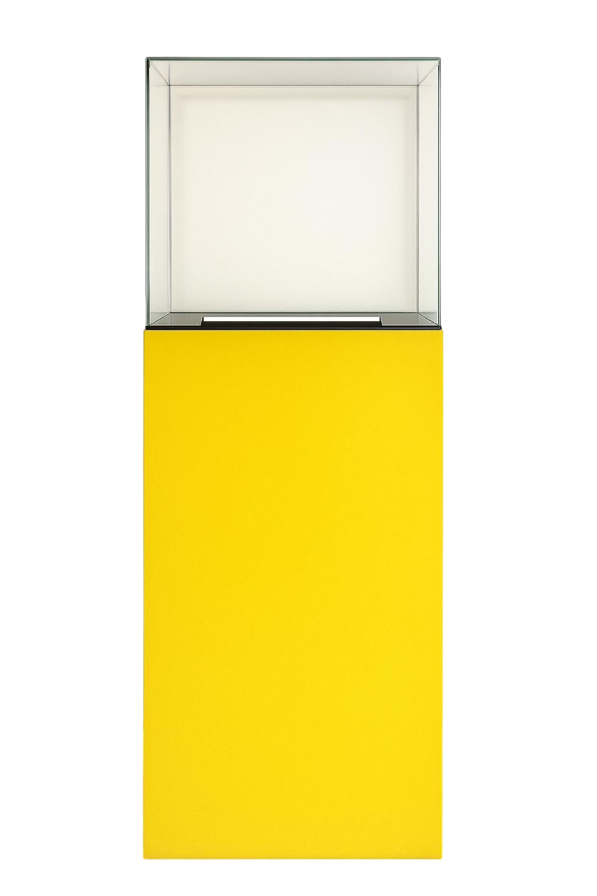 Présentoir Totem Aura en aluminium composite jaune avec cloche en acrylique et éclairage LED intégré pour boutiques et salons
