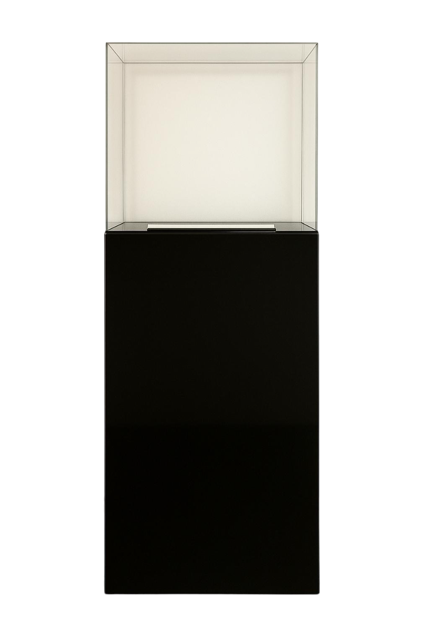 Présentoir Totem Aura en aluminium composite noir avec cloche en acrylique et éclairage LED intégré pour boutiques et salons
