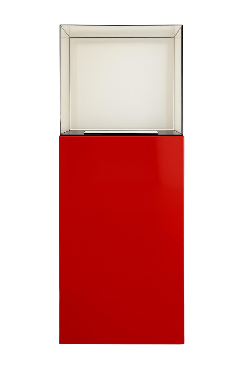 Présentoir Totem Aura en aluminium composite rouge avec cloche en acrylique et éclairage LED intégré pour boutiques et salons