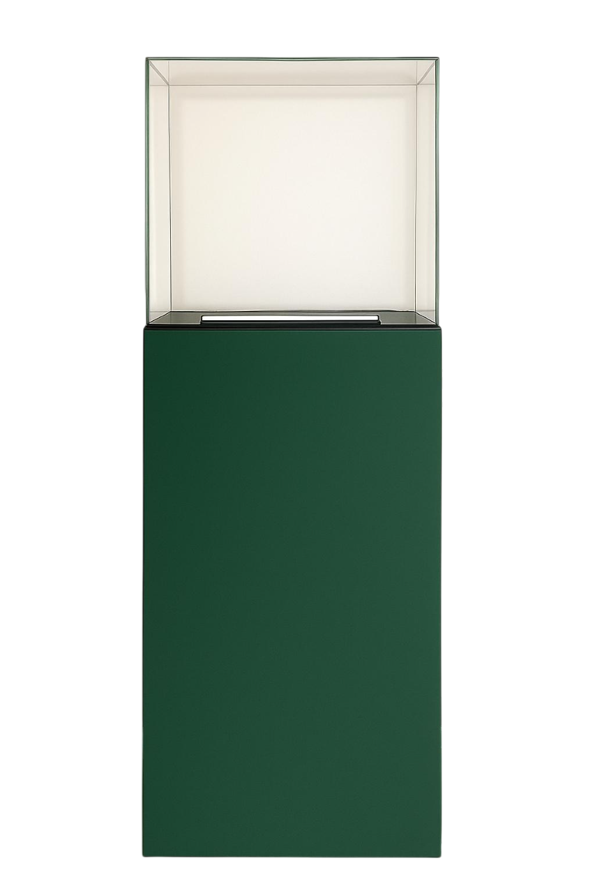 Présentoir Totem Aura en aluminium composite vert avec cloche en acrylique et éclairage LED intégré pour boutiques et salons