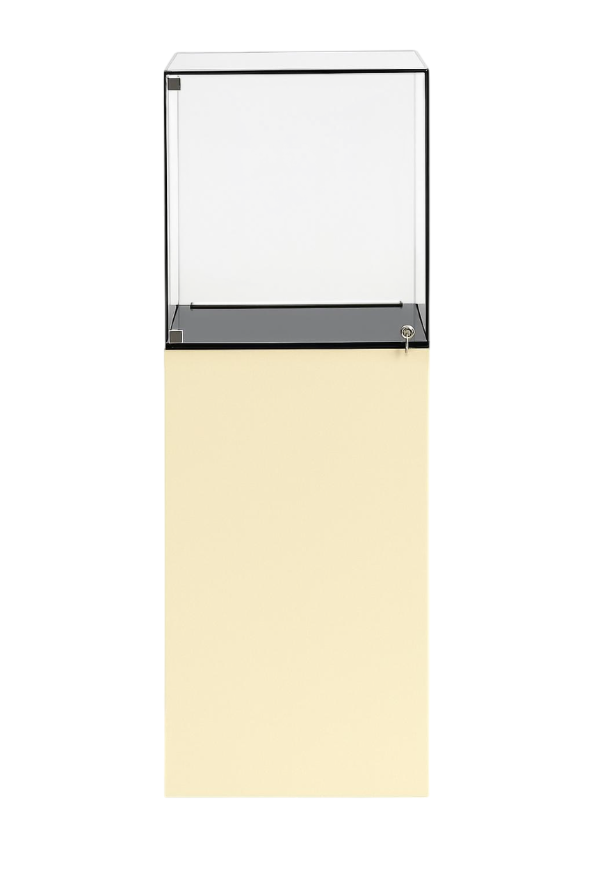 Présentoir Totem Verso en aluminium composite beige avec vitrine sécurisée en acrylique et éclairage LED intégré pour boutiques et salons