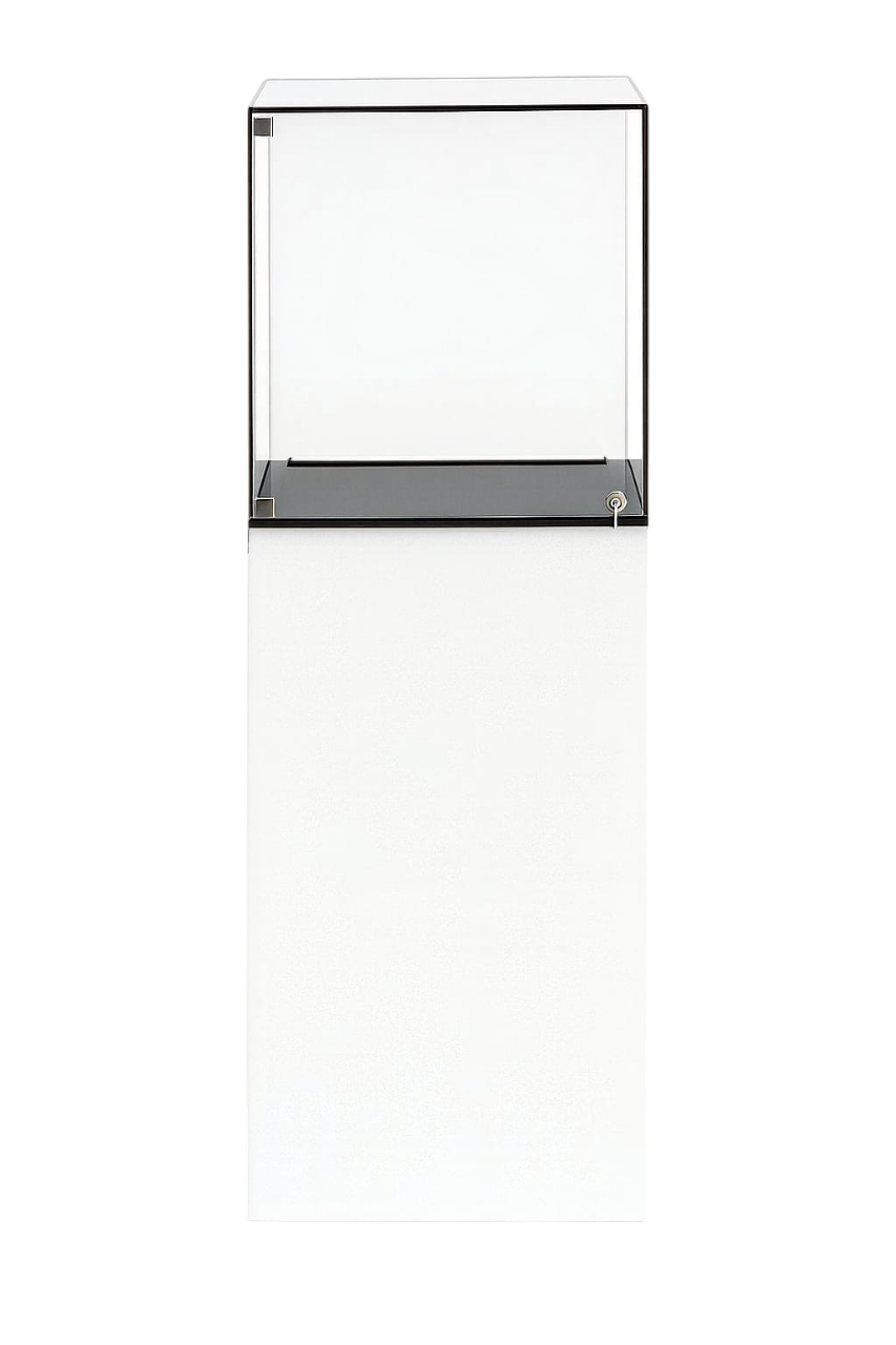 Présentoir Totem Verso en aluminium composite blanc avec vitrine sécurisée en acrylique et éclairage LED intégré pour boutiques et salons
