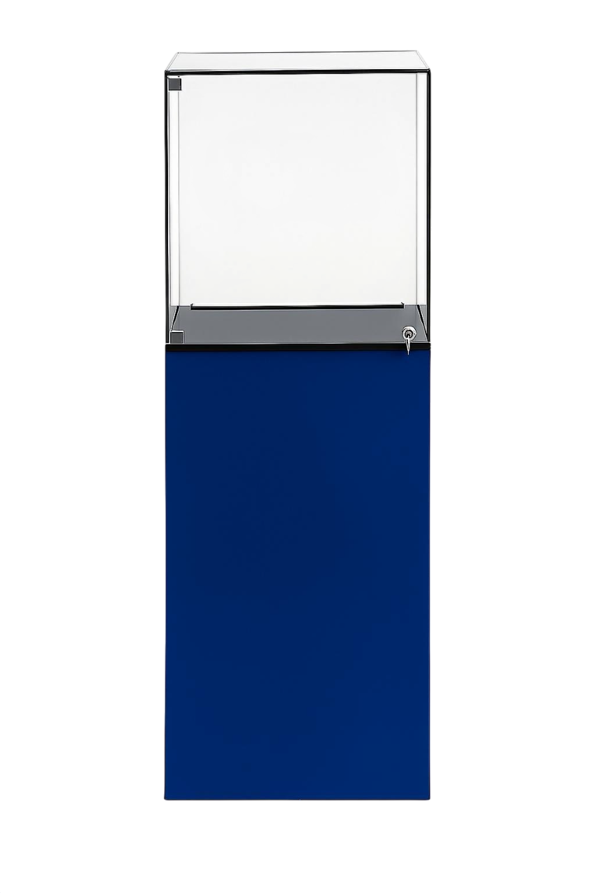 Présentoir Totem Verso en aluminium composite bleu avec vitrine sécurisée en acrylique et éclairage LED intégré pour boutiques et salons