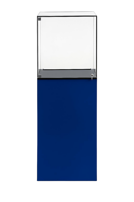 Présentoir Totem Verso en aluminium composite bleu avec vitrine sécurisée en acrylique et éclairage LED intégré pour boutiques et salons