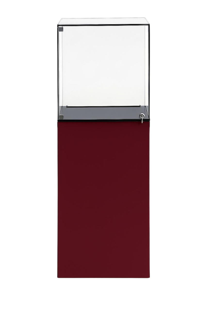 Présentoir Totem Verso en aluminium composite bordeaux avec vitrine sécurisée en acrylique et éclairage LED intégré pour boutiques et salons