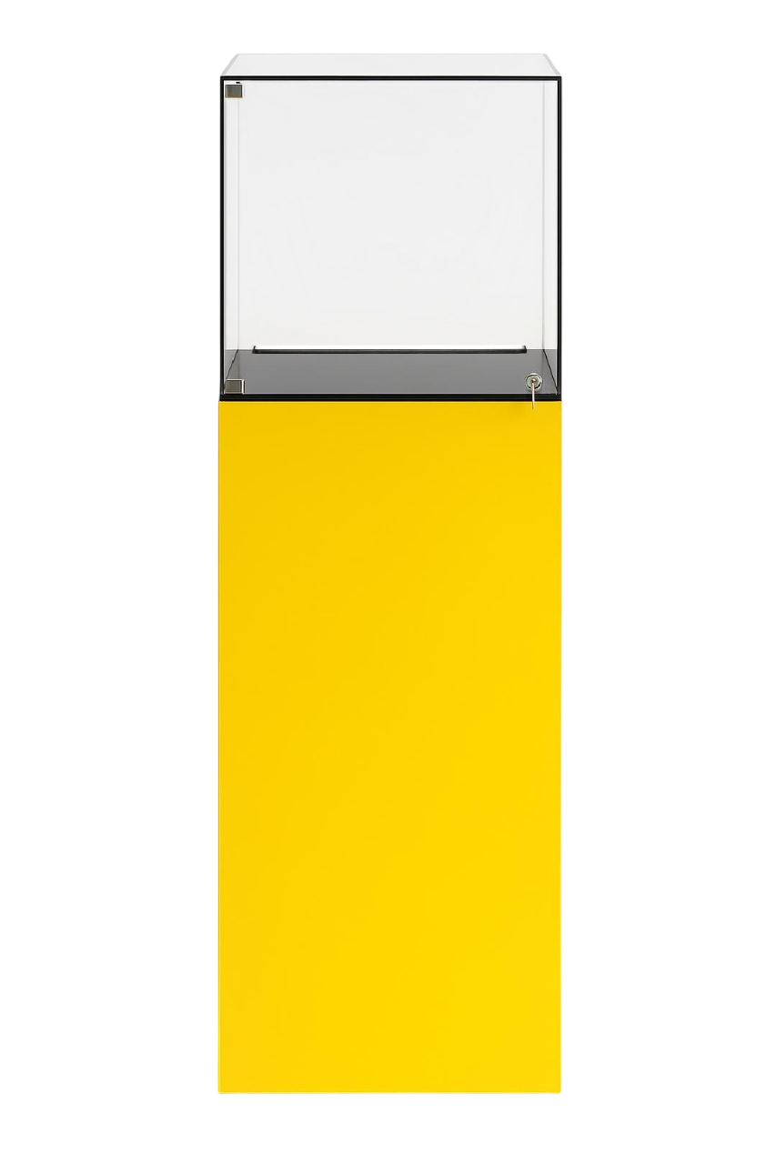 Présentoir Totem Verso en aluminium composite jaune avec vitrine sécurisée en acrylique et éclairage LED intégré pour boutiques et salons