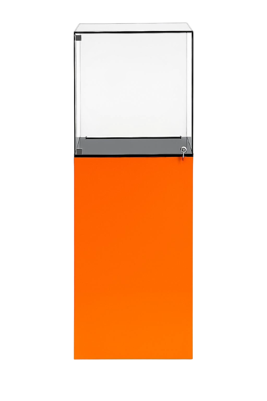 Présentoir Totem Verso en aluminium composite orange avec vitrine sécurisée en acrylique et éclairage LED intégré pour boutiques et salons