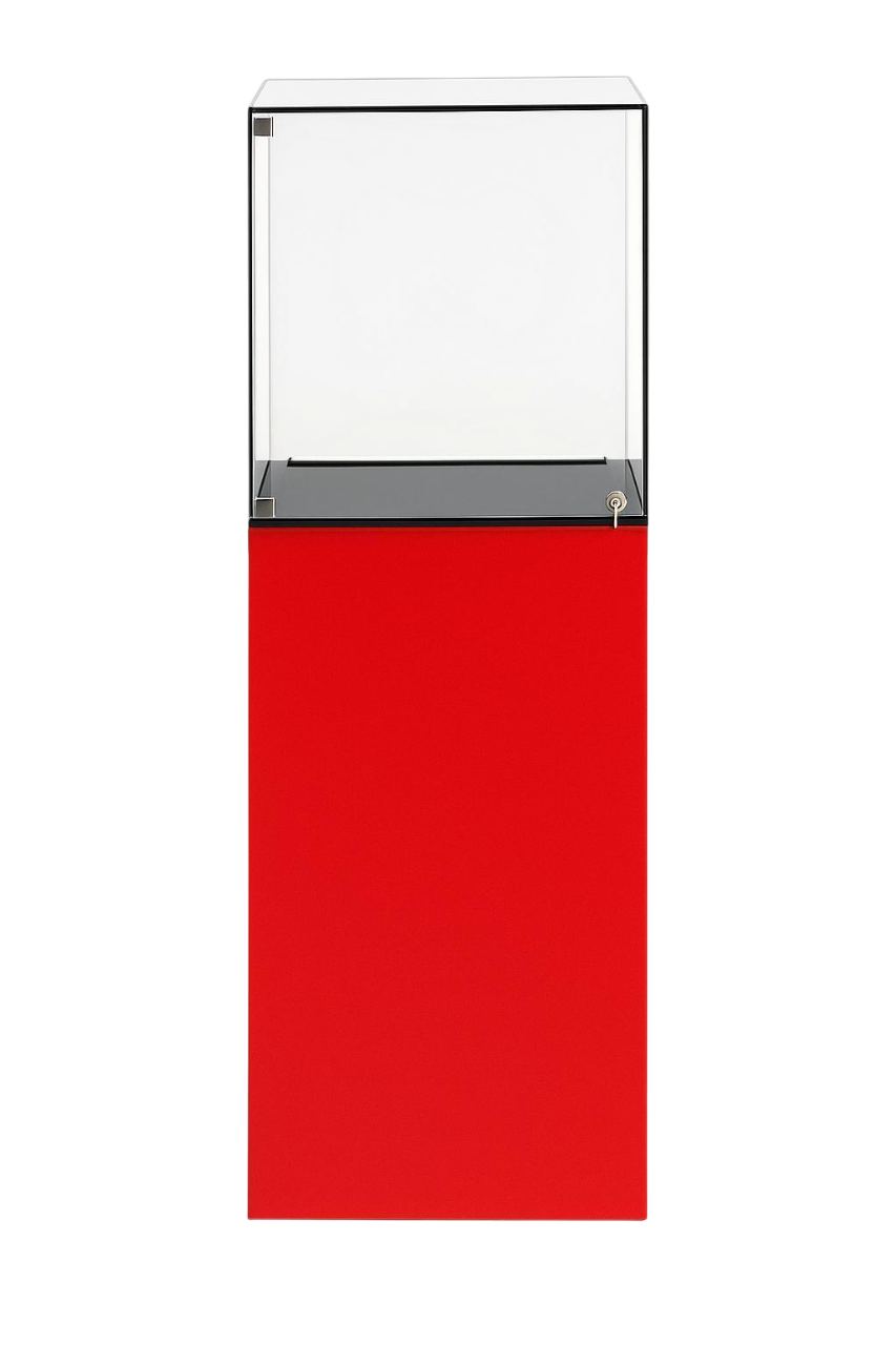 Présentoir Totem Verso en aluminium composite rouge avec vitrine sécurisée en acrylique et éclairage LED intégré pour boutiques et salons