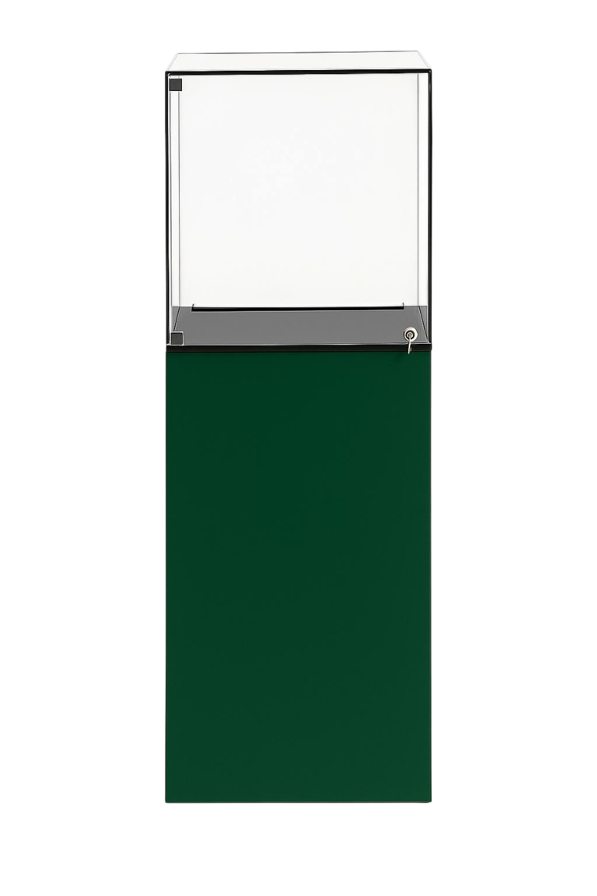 Présentoir Totem Verso en aluminium composite vert avec vitrine sécurisée en acrylique et éclairage LED intégré pour boutiques et salons